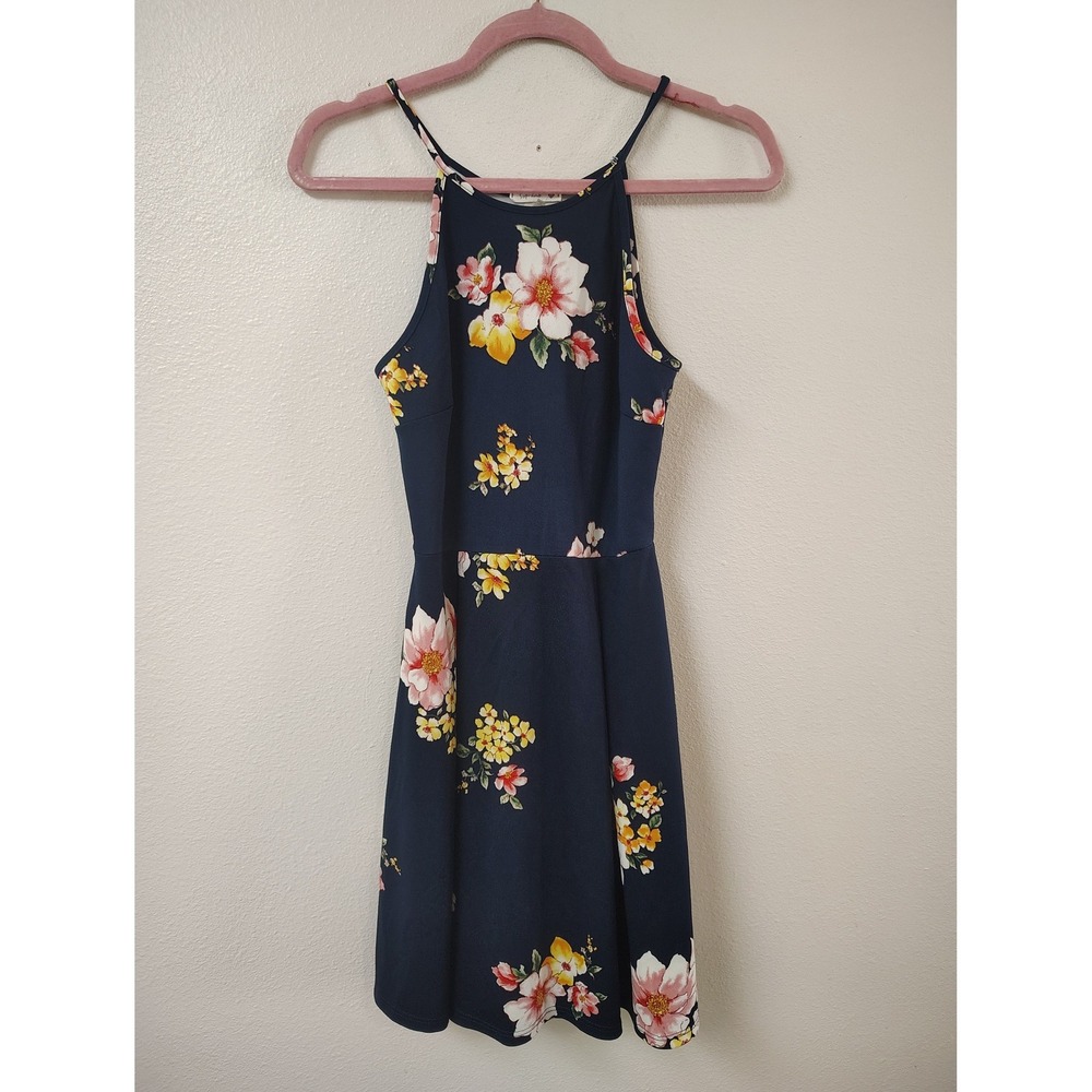 Soprano Navy‎ Blue Floral Skater Dress Halter Neck Mini Fit and Flare Womens M